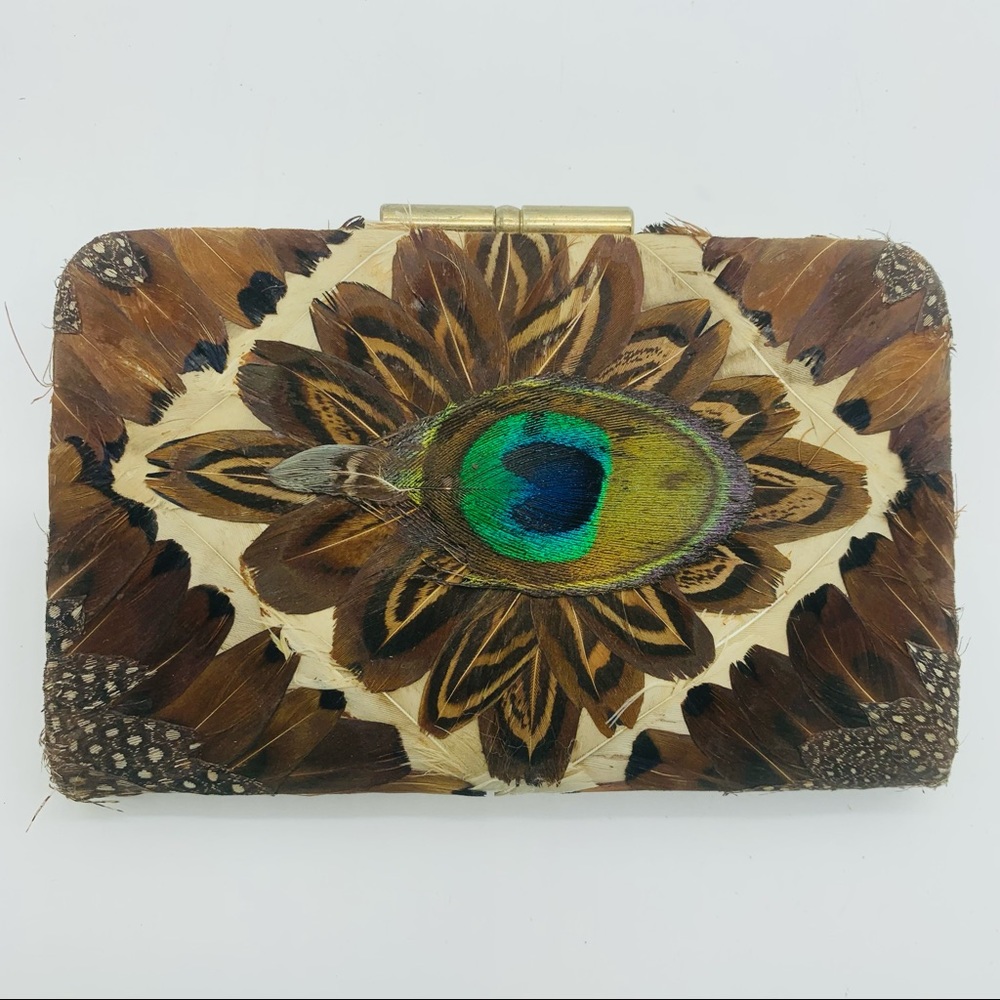 Vintage 70's Genuine Peacock Feather Wallet, Coin Purse, Kiss Clasp 5”